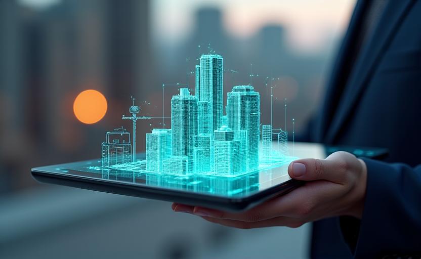 Visualización de un gemelo digital de un edificio en una tablet para la gestión energética.
